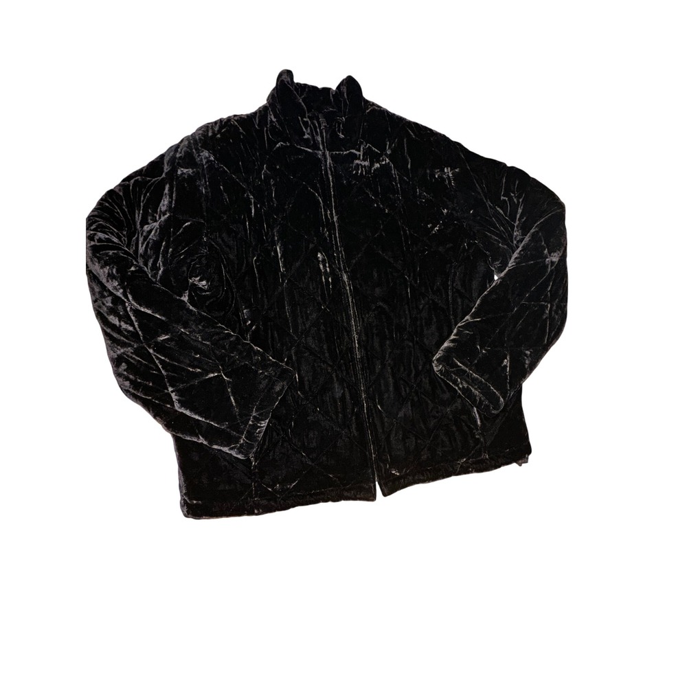 Lauren Ralph Lauren Black Quilted Velvet Zip Up Jacket Mock Neck Large Vintage